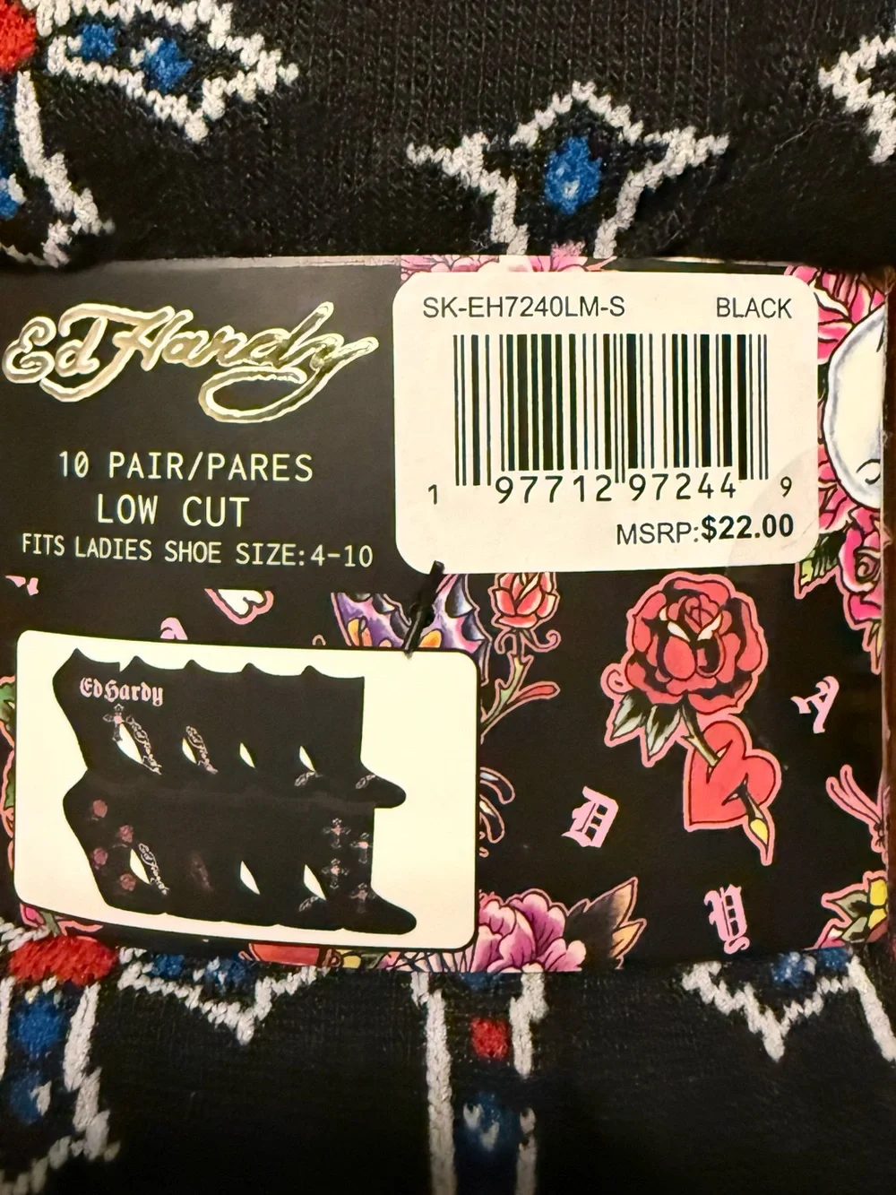 Ed Hardy 10 Pairs Black Low Cut Socks with Blue and Red Cross Motif